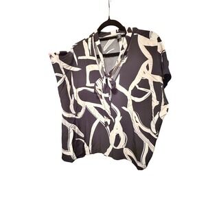 Shein Curve Blouse 3XL Black White Abstract Print Tie Neck Short Sleeve Top
